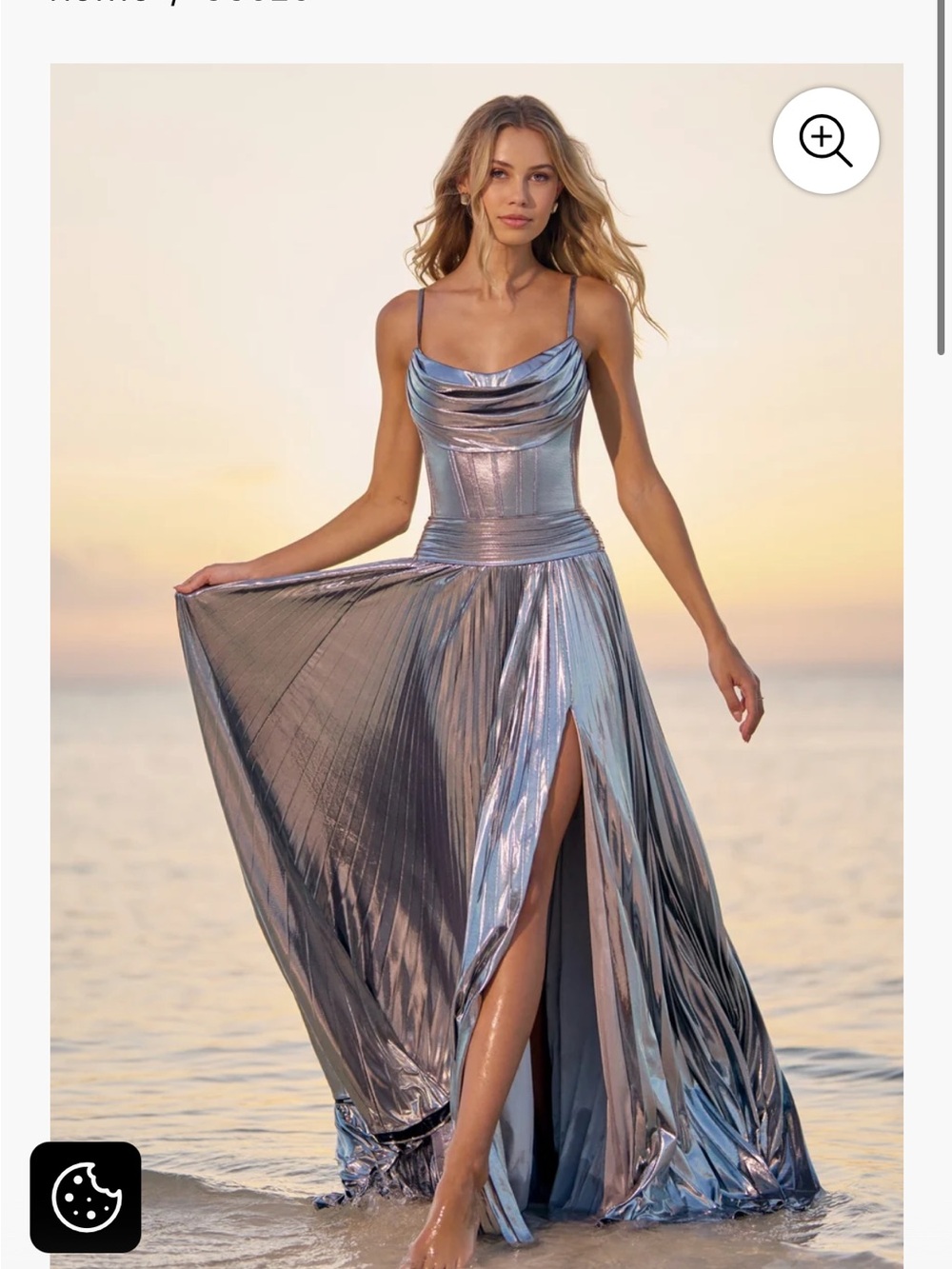 Sherri Hill Iridescent Silver Metallic Cowl Neck Maxi Dress